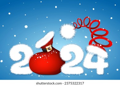 Cute fluffy white cartoon 2024 new year number with Santa bag and Santa Claus hat. Christmas, new year concept