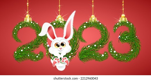 Cute fluffy white cartoon winter Rabbit hanging in 2023 new year number. 