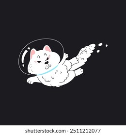 Cute fluffy white cat astronaut with spacesuit helmet soaring in space. Cartoon funny kitten pet cosmonaut fantasy universe adventure. Cosmic feline animal kids vector flat illustration