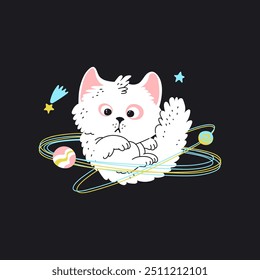 Cute fluffy white cat astronaut soaring in space with planets and stars. Cartoon funny kitten pet cosmonaut fantasy universe adventure. Cosmic feline animal kids in galaxy vector flat illustration