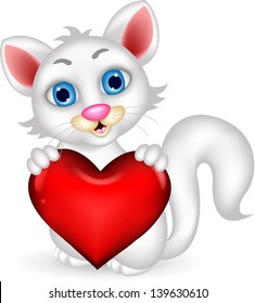cute fluffy white Cat holding heart love