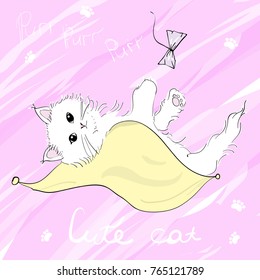 Cute fluffy white cat lying on a bed and playing with a bow. Sweet kitty. Cute kitten. White cat. Vector illustration