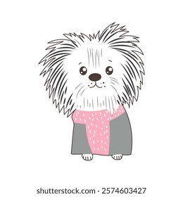 Cute fluffy white dog in flat design. Adorable pet wearing sweater. Vector illustration isolated.