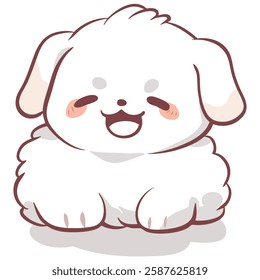 cute, fluffy white dog with happy expression, sitting contentedly. This adorable character brings joy and warmth to any setting