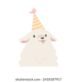 Cute fluffy white dog wearing party hat isolated on white background. Concept of party, celebration, happiness, birthday, pet, festive. Flat vector illustration cartoon character.