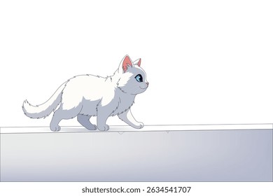Gato gordo branco fofo bonito com olhos azuis andando leisurely na parede, ilustração de desenhos animados vetoriais.