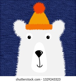 cute fluffy white polar bear in a hat for design of T-shirts, cards, greetings, postcards, vector illustration in cartoon style. great design for any purposes. cute fluffy polar bear for print design.