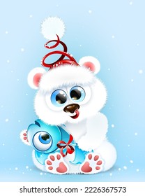 Cute fluffy winter cartoon little white bear in Santa hat holding a fish with bow