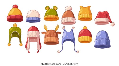 Cute fluffy woolen winter hats for cold frosty weather fashionable children garment isolated set