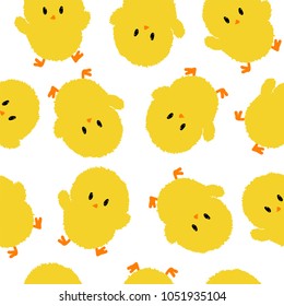 Cute fluffy yellow chick seamless background. Easter and kid vector illustration for print, cloth, texture.