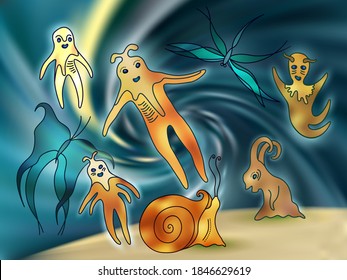 Alucinantes alienígenas cosmicos personajes de caricatura, criaturas humanoides. Alienígenas mutantes en el espacio exterior azul. caricatura de frikis marcianos cósmicos en la ilustración vector de fantasy planet.