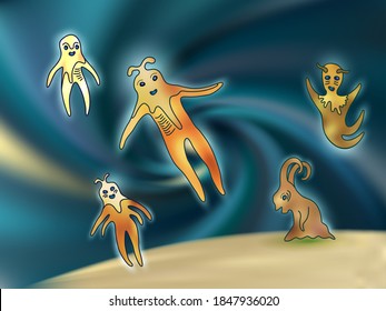 Alucinantes alienígenas cosmicos personajes de caricatura, criaturas humanoides. Extranjeros mutantes derritiendo en el espacio exterior azul. caricatura de frikis marcianos cósmicos en la ilustración vector de fantasy planet.