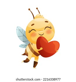 Cute Flushed Bee Character with Striped Yellow Body and Wings Holding Red Heart Vector Illustration