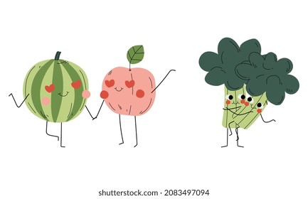 Cute Flushed Fruit and Vegetables Holding Hands and Hugging Vector Set