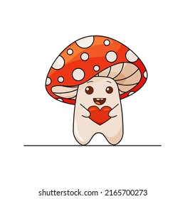 Cute fly agaric, a character. Funny fairy mushroom with a charming face. Children's flat vector illustration on a white background
