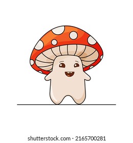 Cute fly agaric, a character. Funny fairy mushroom with a charming face. Children's flat vector illustration on a white background