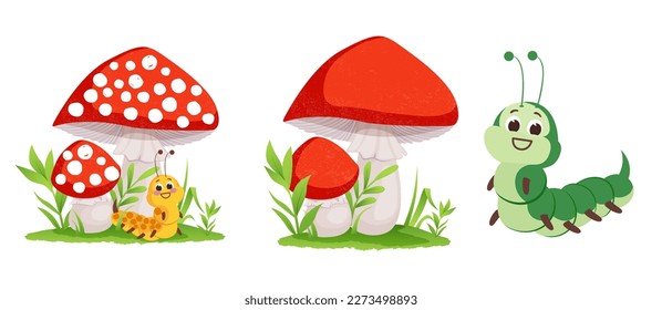 Cute fly agaric  character  Funny fairy mushroom and charming face  Children's flat vector illustration white background