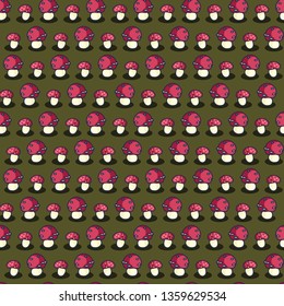 Cute fly agaric mushroom cartoon seamless vector pattern. Hand drawn edible fungi all over print for wild blog, toadstool graphic, woodland web buttons.