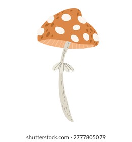 Cute fly agaric mushroom illustration in whimsical woodland style with soft pastel colors.