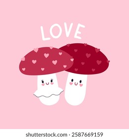 Cute fly agarics in love on a pink background. Vector graphics