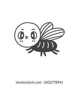 Cute fly doodle illustration. Hand drawn vector cartoon insect. Isolated black line art. Flying character mascot on white background