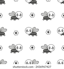 Cute fly and flower doodle seamless pattern. Childish hand drawn background with flying insect. Black and white repeat vector illustration with nature elements for kids garden summer design