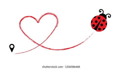 Cute fly flying ladybug Vector dotted route Vector fun funny track map pin navigation location pointer icon flight route gps Hello summer Let the spring begin line pattern ladybugs love heart time