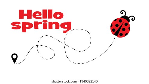 Cute fly flying ladybug Vector dotted route Vector fun funny track map pin navigation location pointer icon flight route gps Hello summer Let the spring begin line pattern ladybugs love heart time