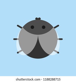 Cute fly round vector graphic icon. Black fly insect animal head, body illustration. Isolated on blue background.