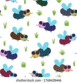 Cute fly seamless pattern. Nature background with funny insect character. Print in childish style. Vector illustration
