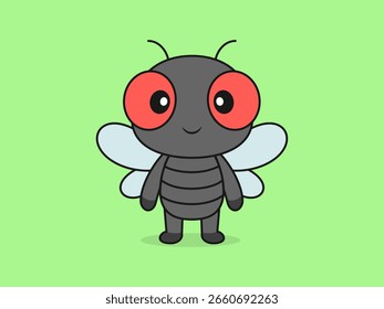 Vista frontal de pie de la mosca linda - Ilustración de dibujos animados de Vector plano de un personaje de la mosca.