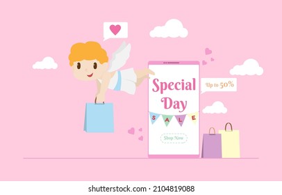 Cute flying angel carry blue shopping bag with love sign. Cartoon vector design isolated on pink backgroud, Holiday online shopping special promotion background