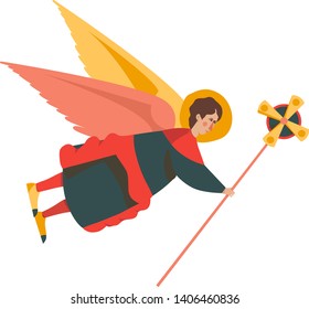 Cute flying angel with a cross, cartoon vector character, Christmas symbol