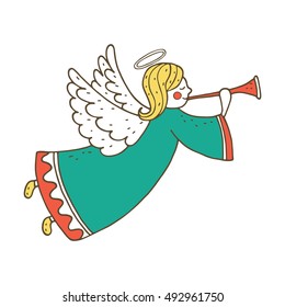 Cute flying angel with flute. Hand drawing illustration