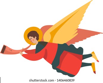 Cute flying angel with a trumpet, cartoon vector character, Christmas symbol