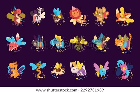 Cute flying animals set. Funny snake, cat, lion, hippo, cat, fox, badger, rabbit, dog, zebra flying with wings vector illustration