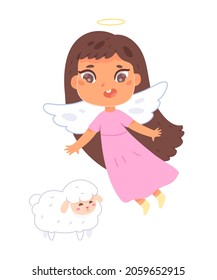 Cute flying baby angel with wings and nimbus vector illustration. Cartoon little girl cherub child flying in sky and funny sheep, adorable magic archangel character wearing dress isolated on white