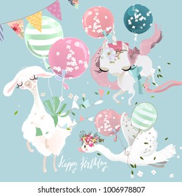 Cute flying baby animals - llama, alpaca, unicorn and swan. Llama with balloons, unicorn with tied bow and swan with festive flags. Happy Birthday clipart set