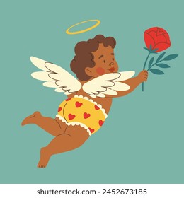 Cute flying baby cherub with wings. Little cupid with heart and rose in trendy retro style. Romantic print, Valentine's day print.