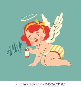 Cute flying baby cherub with wings. Little cupid making graffiti in retro style. Romantic print, Valentine's day print.
