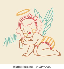 Cute flying baby cherub with wings. Little cupid making graffiti in retro style. Romantic print, Valentine's day print.
