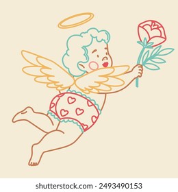 Cute flying baby cherub with wings. Little cupid with heart and rose in trendy retro style. Romantic print, Valentine's day print.