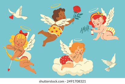 Cute flying baby cherubs with wings. Little cupids with hearts and tattoos in trendsy retro style. Romantic print, Valentine's day print.