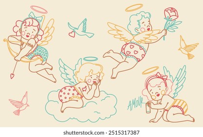 Cute flying baby cherubs with wings. Little cupids with hearts and tattoos in trendsy retro style. Romantic print, Valentine's day print.