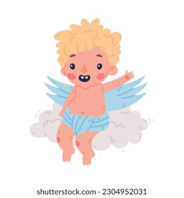 Cute flying baby Cupid. Adorable blond little boy angel character with wings cartoon vector illustration