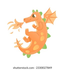 Cute flying baby dragon illustration blowing fire.