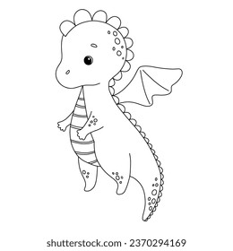 Cute flying baby dragon isolated on white background. Outline vector cartoon character for coloring page. Childish line illustration