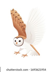 Cute flying barn owl (tyto alba) with white face and brown wings cartoon wild forest bird animal design flat vector illustration isolated on white background