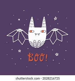 Cute flying bat and Boo lettering isolated on purple background. Vector flat illustration. Halloween greeting card. Cartoon image for poster, greeting cards, invitation, clothing design.