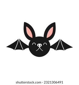 Cute flying bat cartoon Halloween illustration. Hand drawn funny animal, flat style design isolated vector. Kids print, card, party invitation element. Wildlife, nature, spooky character